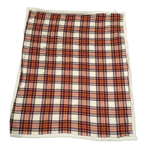Eddie Bauer Plaid Sherpa Throw Blanket 50" X 60" Tan & Orange Cozy Reversible So - Picture 6 of 14